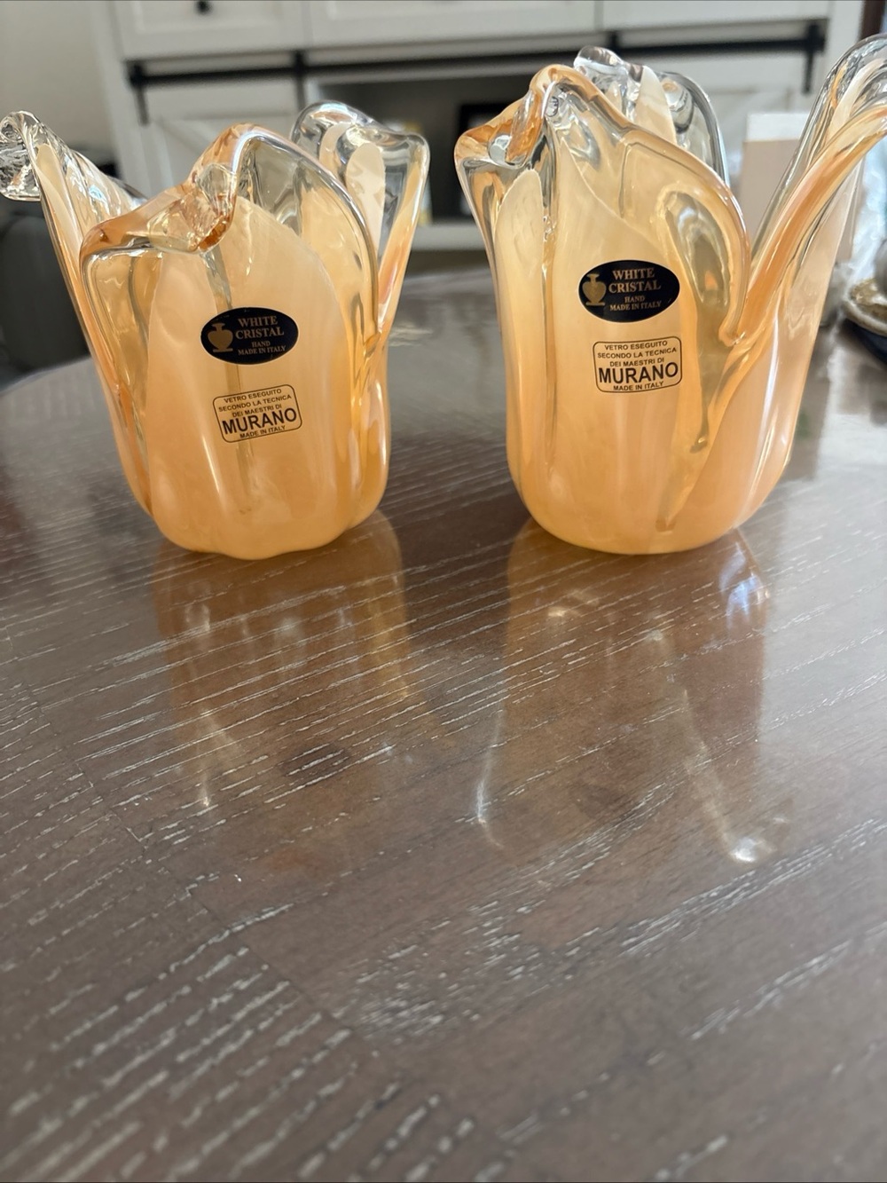 Murano Peach and Clear Tulip Votive Pair
